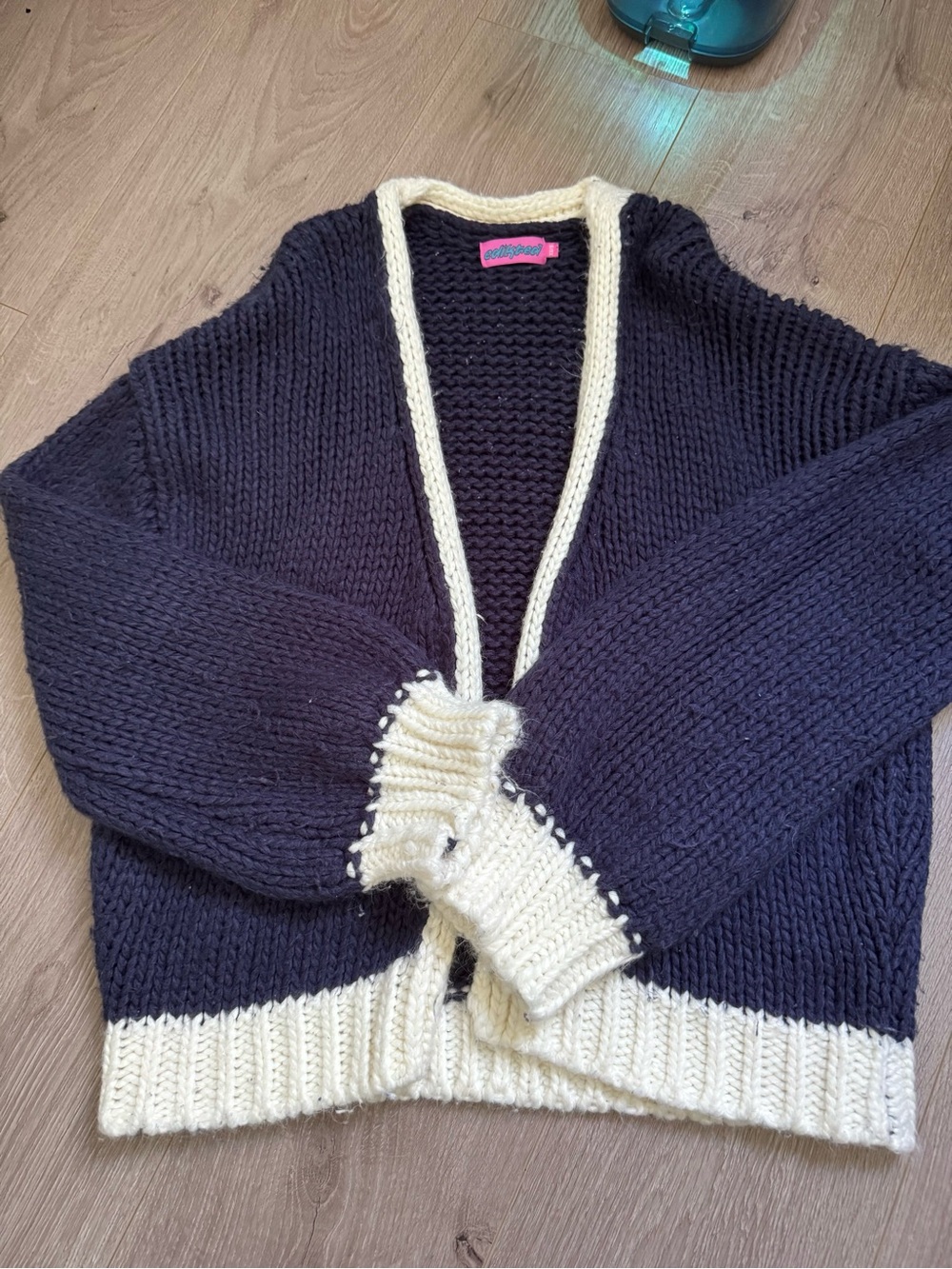 Edikted Chunky Navy and Cream Open Cardigan Sweater
